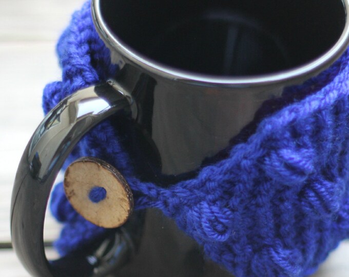 Knit mug cozy with nupps navy blue dark blue cup cozy, bobbles cup cozy knitted cup cozy