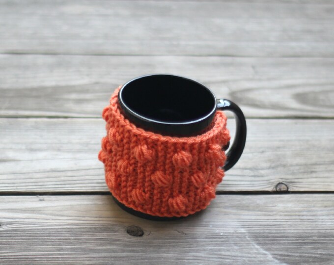 Knit mug cozy with nupps orange carrot cup cozy, bobbles cup cozy knitted cup cozy