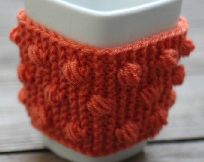 Knit mug cozy with nupps orange carrot cup cozy, bobbles cup cozy knitted cup cozy