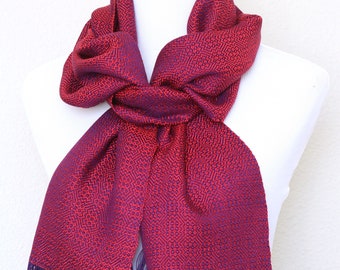 Woven scarf, gift for her, luxury scarf, handwoven wrap in purple and red colors, scarf with fringe