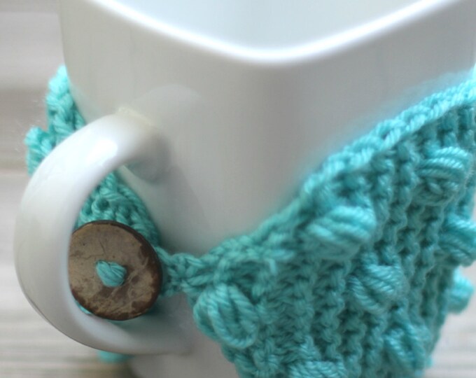 Knit mug cozy with nupps aqua turquoise cup cozy, bobbles cup cozy knitted cup cozy