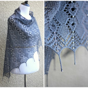 Knitting Pattern - Knit shawl, knitting pattern, Morning Dew shawl with seed beads and tails scarf wrap