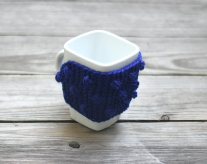 Knit mug cozy with nupps navy blue dark blue cup cozy, bobbles cup cozy knitted cup cozy