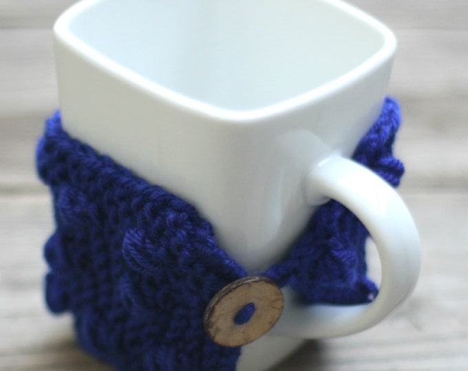 Knit mug cozy with nupps navy blue dark blue cup cozy, bobbles cup cozy knitted cup cozy