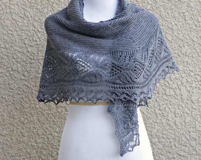 Knit shawl in grey color lace shawl, knitted wrap gift for her wedding shawl