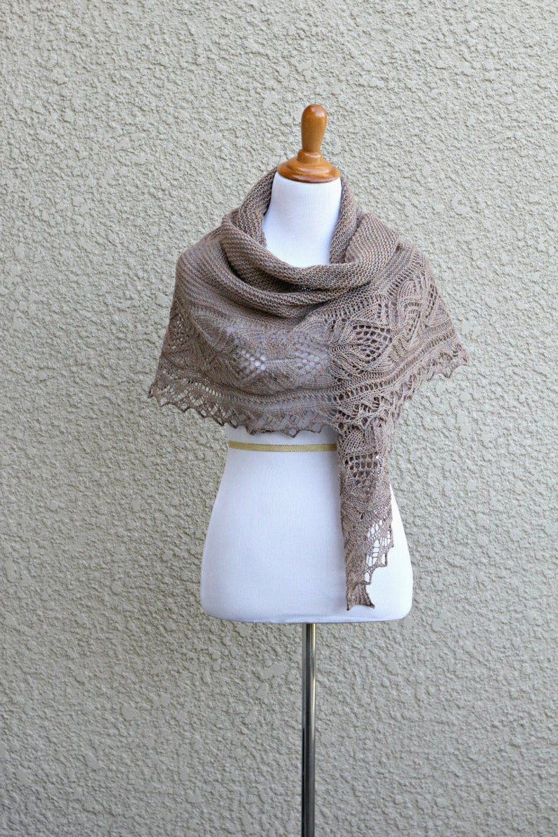 Hand-Knit Wool Lace Shawl: Heathered Beige Wedding Wrap image 1
