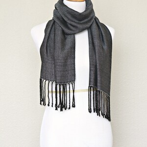 Handwoven scarf, grey scarf, black scarf, Men scarf, gift for him, gift for her, Eucapyltus scarf, luxury scarf, scarf with fringe image 4