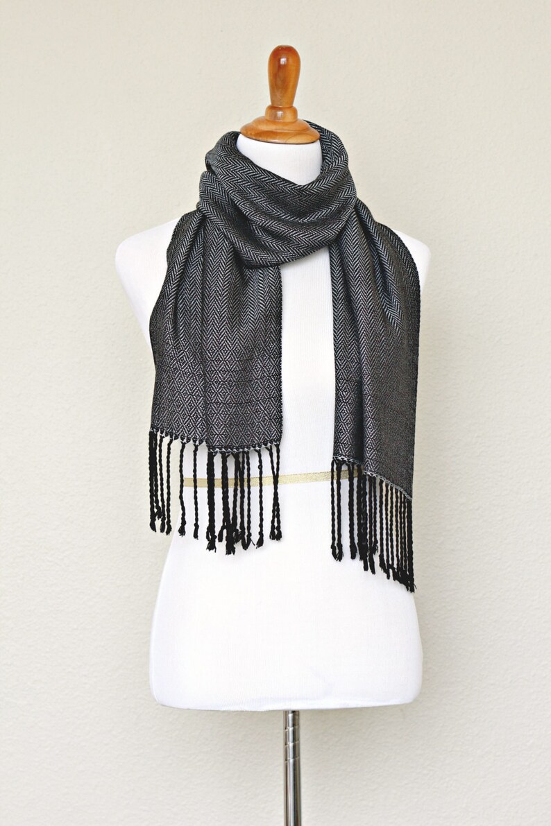 Handwoven scarf, grey scarf, black scarf, Men scarf, gift for him, gift for her, Eucapyltus scarf, luxury scarf, scarf with fringe image 4