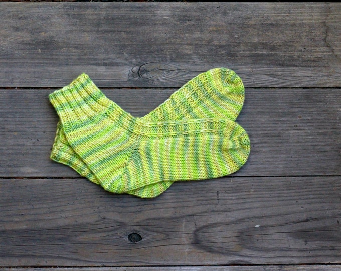 Hand knit socks, wool socks, yellow green wool for women, gift for her,