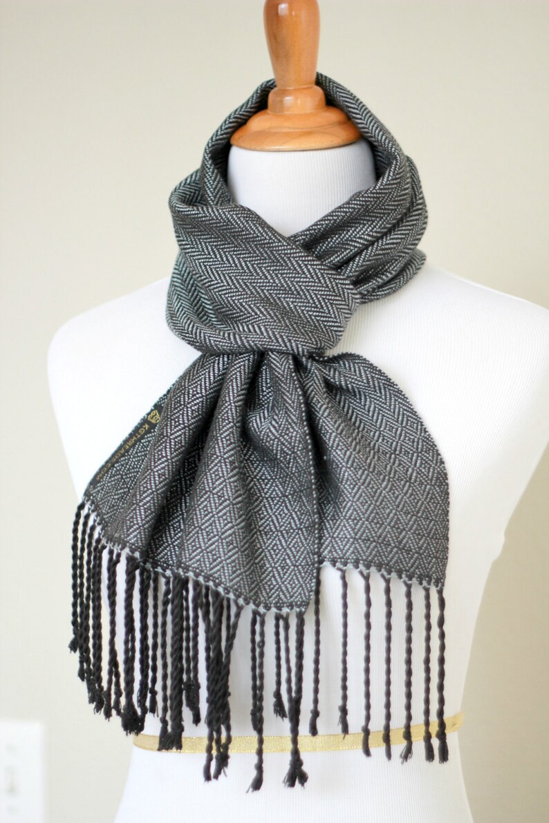 Handwoven scarf, grey scarf, black scarf, Men scarf, gift for him, gift for her, Eucapyltus scarf, luxury scarf, scarf with fringe image 5