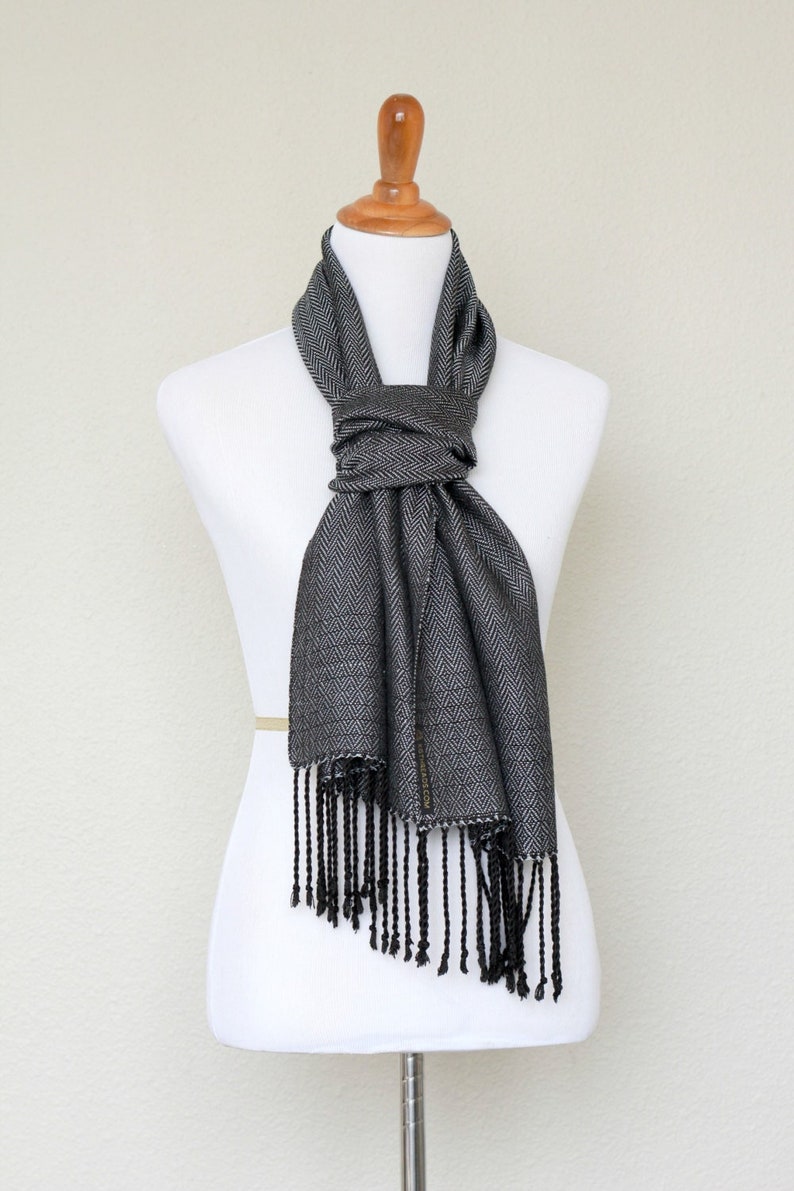 Handwoven scarf, grey scarf, black scarf, Men scarf, gift for him, gift for her, Eucapyltus scarf, luxury scarf, scarf with fringe image 1