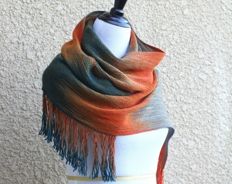 Handwoven Merino Wool Scarf: Teal, Beige, Gray, Orange Fringe