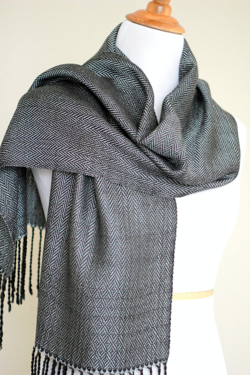 Handwoven scarf, grey scarf, black scarf, Men scarf, gift for him, gift for her, Eucapyltus scarf, luxury scarf, scarf with fringe image 3