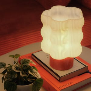 May include: A white, wavy-shaped table lamp with a coral base sits atop a stack of books. The lamp emits a soft glow, and a small potted plant is visible in the foreground. The lamp's design is reminiscent of a flower.