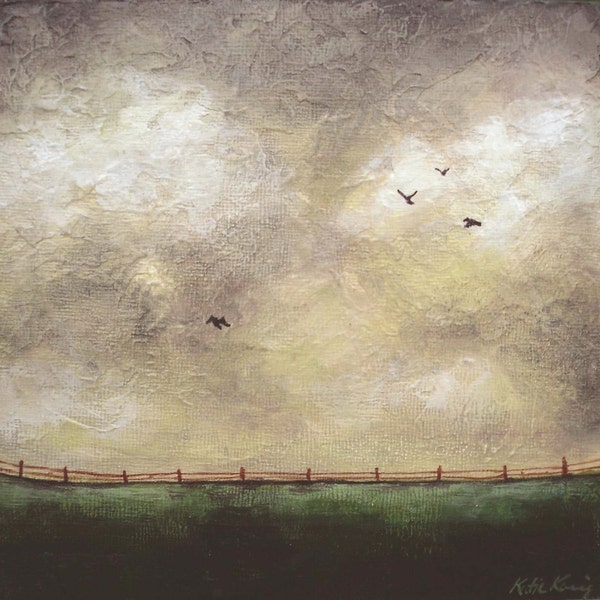 6 x 6 landscape acrylic painting neutral clouds and sky birds flying green grass red fence