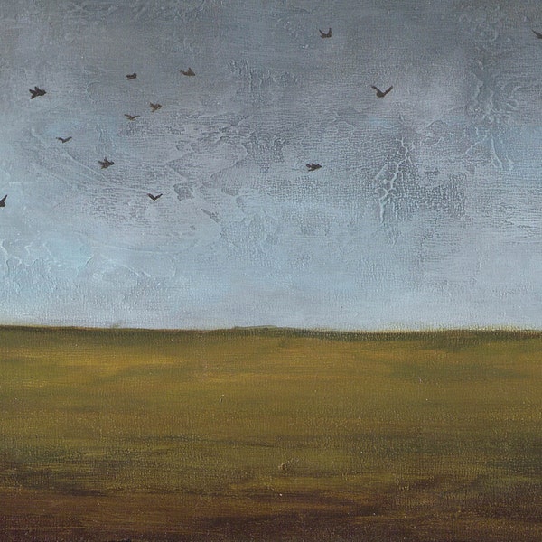 8 x 10 landscape acrylic painting blue and gray sky birds flying green ochre brown field