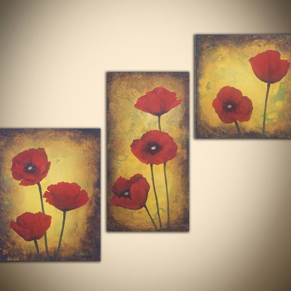 50% OFF everything in my store with coupon code VERYMERRY-Poppy Painting Trio: 3 red poppy yellow paintings, 8x8, 8x10, 6x12