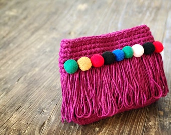 Stay with me handknit crochet pouch, boho style travel bag, bohemian accessories clutch, fuschia