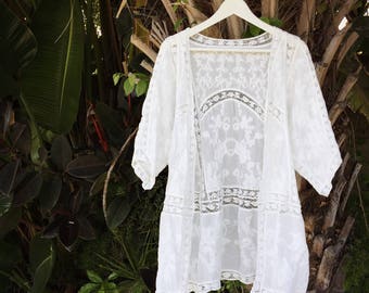 Secret Garden Embroidered Lace Coverup, Bohemian Style Cardigan, One size fits all, Color White, S M L