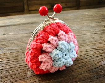 Keepsake handknit crochet coinpurse, boho style coinbag, bohemian style handmade pouch, gift, pink