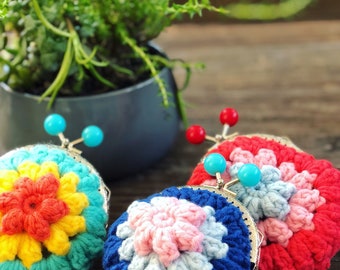 Keepsake handknit crochet coinpurse, boho style coinbag, handmade pouch, gift, navy