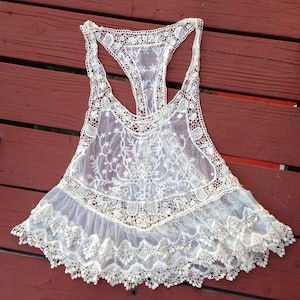 Boho Style Dropped armhole crochet lace tank Bohemian beach coverup Lace tank top Ivory lace tunic image 4