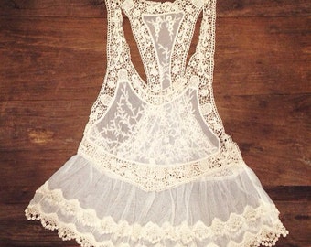 Boho Style Dropped armhole crochet lace tank | Bohemian beach coverup | Lace tank top | Ivory lace tunic | one size fits S M L