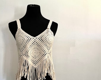 Festival Muse Hand knit crochet lace tank, Bohemian crochet top, Boho Crochet crop, Boho lace top, Bobo crochet fringe top, Off white, OS