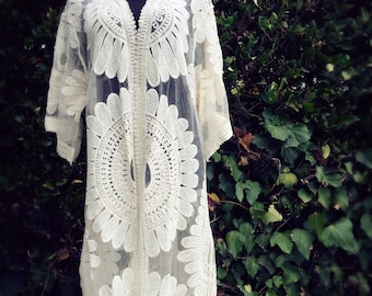 Song bird Embroidered Lace Coverup, Bohemian Style Cardigan, Boho Lace Jacket, Lace Robe, Lace duster, Lace Kimono, One size fits all