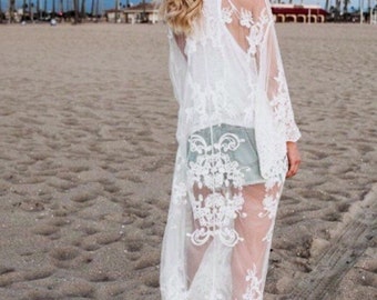 Don’t Look Back haftowana koronkowa narzutka, boho przezroczyste kimono, boho stylowy kardigan koronkowy, pasuje na S, M, L, kolor biały