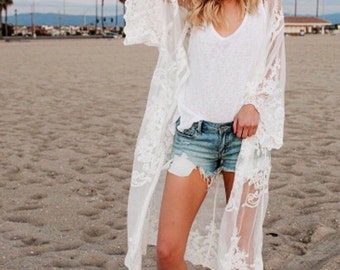 Abrigo largo de encaje bordado romántico, kimono de encaje bohemio, cárdigan de encaje bohemio, chaqueta de encaje blanca, chaqueta de encaje boho, bata de encaje nupcial, maternidad