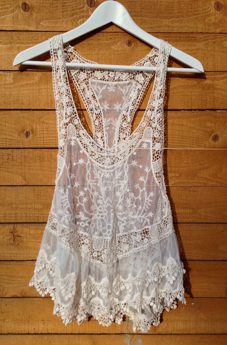 Boho Style Dropped armhole crochet lace tank Bohemian beach coverup Lace tank top Ivory lace tunic image 2