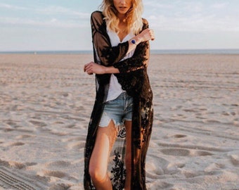 Dance In The Ocean Breeze Boho Lace Coverup, Bohemian Lace Cardigan, Boho lace kimono, Black lace cover up, Boho lace jacket, Beach cover up