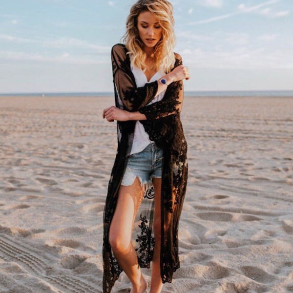 Dance In The Ocean Breeze Boho Lace Coverup, Bohemian Lace Cardigan, Boho lace kimono, Black lace cover up, Boho lace jacket, Beach cover up