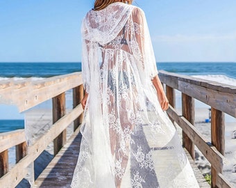 Hello Sunshine Embroidery Lace Robe with hood, Boho lace kimono, Bohemian Lace duster, Maternity Lace Robe, Bridal maxi lace robe, lingerie