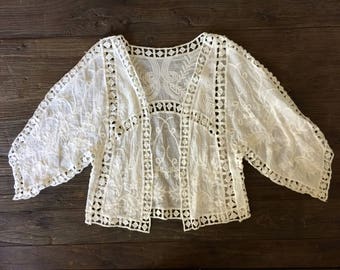 Songbird Embroidered Lace Cover Up, Bohemian style cardigan, Boho Kimono style bolero, One size fits all, color white