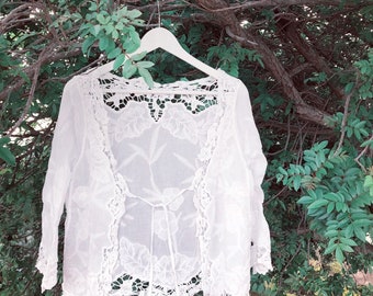 Wonderland Embroidered CoverUp, Bohemian style lace cardigan, Boho kimono, White, One Size Fits All, S M L