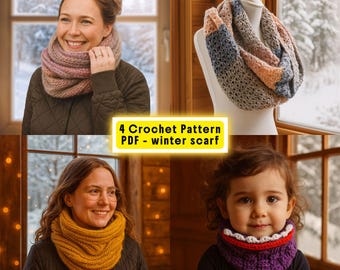 4 Crochet Scarf Pattern Bundle PDF, Easy Winter Cowl Crochet Pattern ...