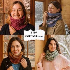 May include: A collage of four images showcasing knitted cowls in various colors and patterns. The cowls include a deep red textured design, a blue and pink geometric pattern, a striped yellow and brown cowl, and a green and white textured cowl. The text "5 PDF KNITTING Pattern" is displayed.