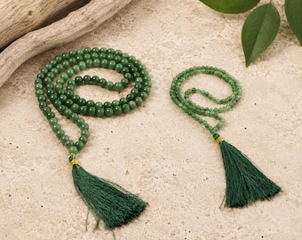 Green Aventurine Mala Necklace, 108 Bead Crystal Prayer Necklace, Handmade Beads, Spiritual Jewelry