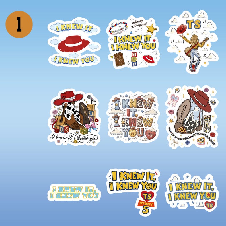 Puede incluir: Una colecci&oacute;n de ocho pegatinas de vinilo con ilustraciones de tem&aacute;tica western, que incluyen sombreros de vaquero, botas, guitarras y bloques de letras. Los dise&ntilde;os incorporan el texto I KNEW IT, I KNEW YOU, TS y STORY 5 entre nubes.