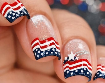 American Flag French Tip Press On Nails Patriotic Red White Blue Stars Independence Day Handmade Square Nails