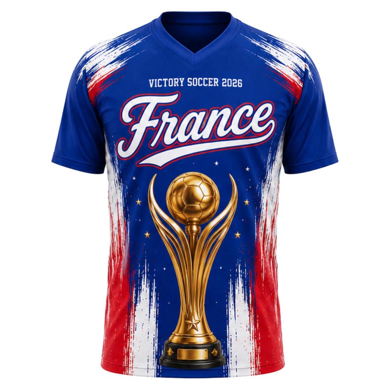 May include: Blue soccer jersey with the word "France" in white script. The jersey features a gold trophy with a soccer ball on the front, and the text "Victory Soccer 2026". Red and white brushstrokes are on the sides.
