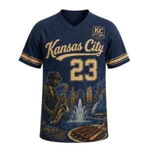 May include: Navy blue v-neck t-shirt with gold accents and the text "Kansas City 23". The shirt features a graphic of a jazz musician playing a saxophone, a cityscape, and BBQ ribs.