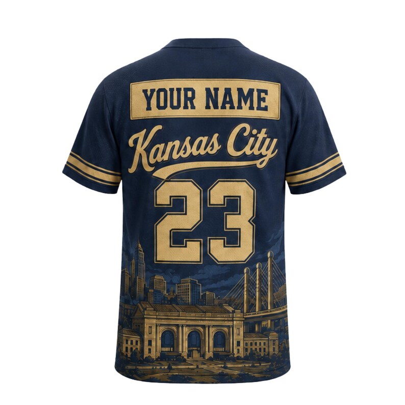 May include: Navy blue jersey with gold accents and a cityscape design. Features the text "YOUR NAME" above "Kansas City" and the number "23". The sleeves have gold stripes.