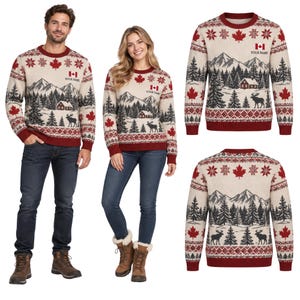 May include: A beige long-sleeve jumper featuring a red and black winter landscape pattern with mountains, pine trees, a cabin, a moose, and maple leaves. The chest area displays a small Canadian flag and the customisable text YOUR NAME.