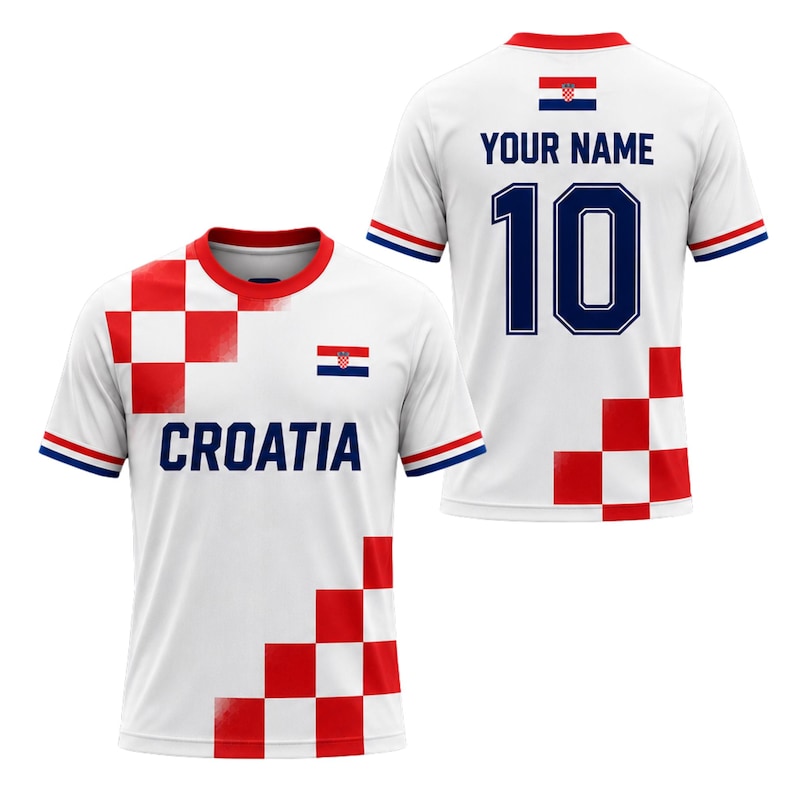 May include: White Croatia soccer jersey with red and white checkered design on the front and back. The front features the word "CROATIA" and the Croatian flag. The back has the number 10 and space for a name.