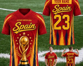 Custom Spain V-Neck Soccer Jersey, Victory Soccer 2026 Personalized Name Number Shirt