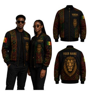 May include: A black bomber jacket featuring the text SENEGAL HERITAGE on the chest, a graphic of a face, and the Senegal flag on the sleeve. The back displays a large lion head graphic with a crown and the customizable text YOUR NAME.