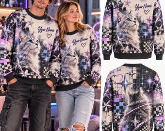 Suéter personalizado con estética de gato esponjoso, suéter de punto grunge con nombre personalizado y diseño de gato, regalo a juego para parejas amantes de los gatos.